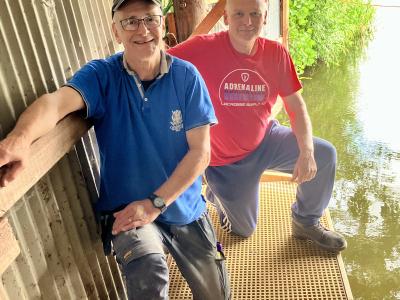 Jetty-builders: Richard McCulloch (Llangorse Sailing Club’s Chief Instructor) and John Farmer, on the new boat-house jetty.
